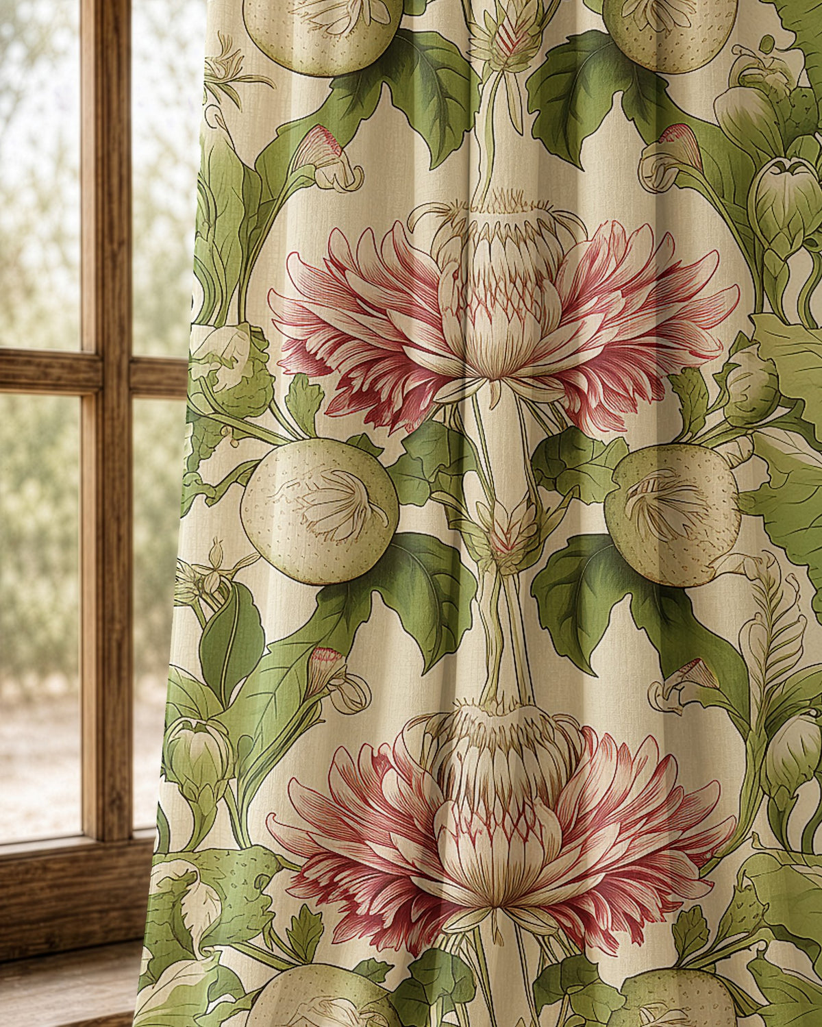 Pair of pink thistle arts and crafts curtains at an arched window