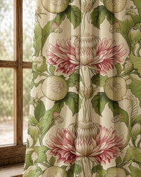 Pair of pink thistle arts and crafts curtains at an arched window