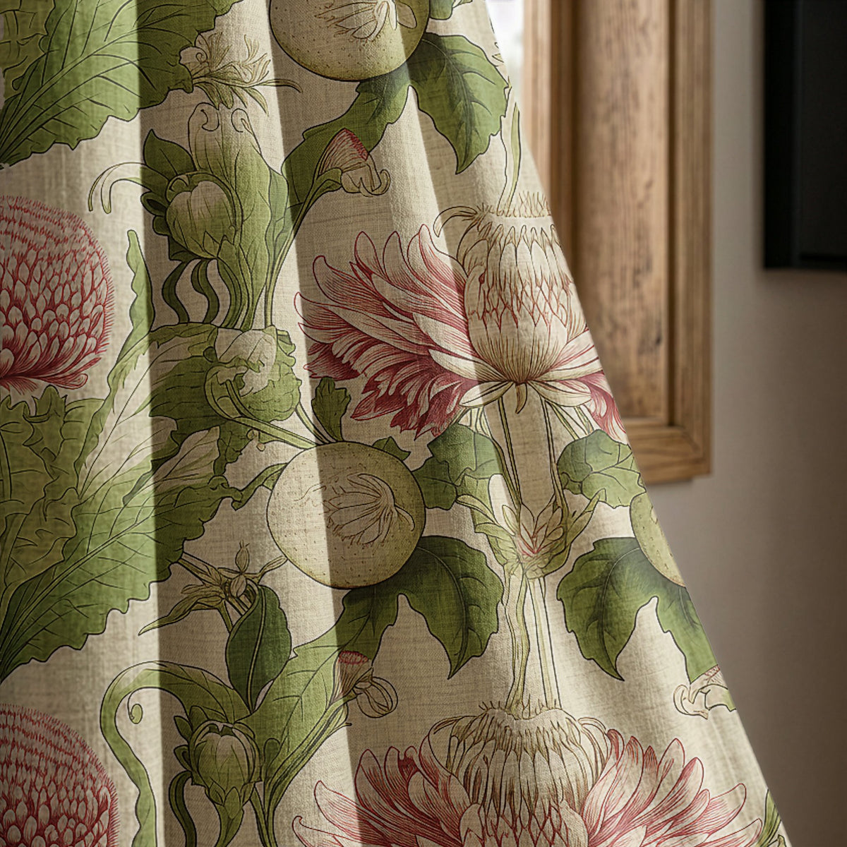 Pink thistle arts and crafts curtain panel beside a rustic wooden window