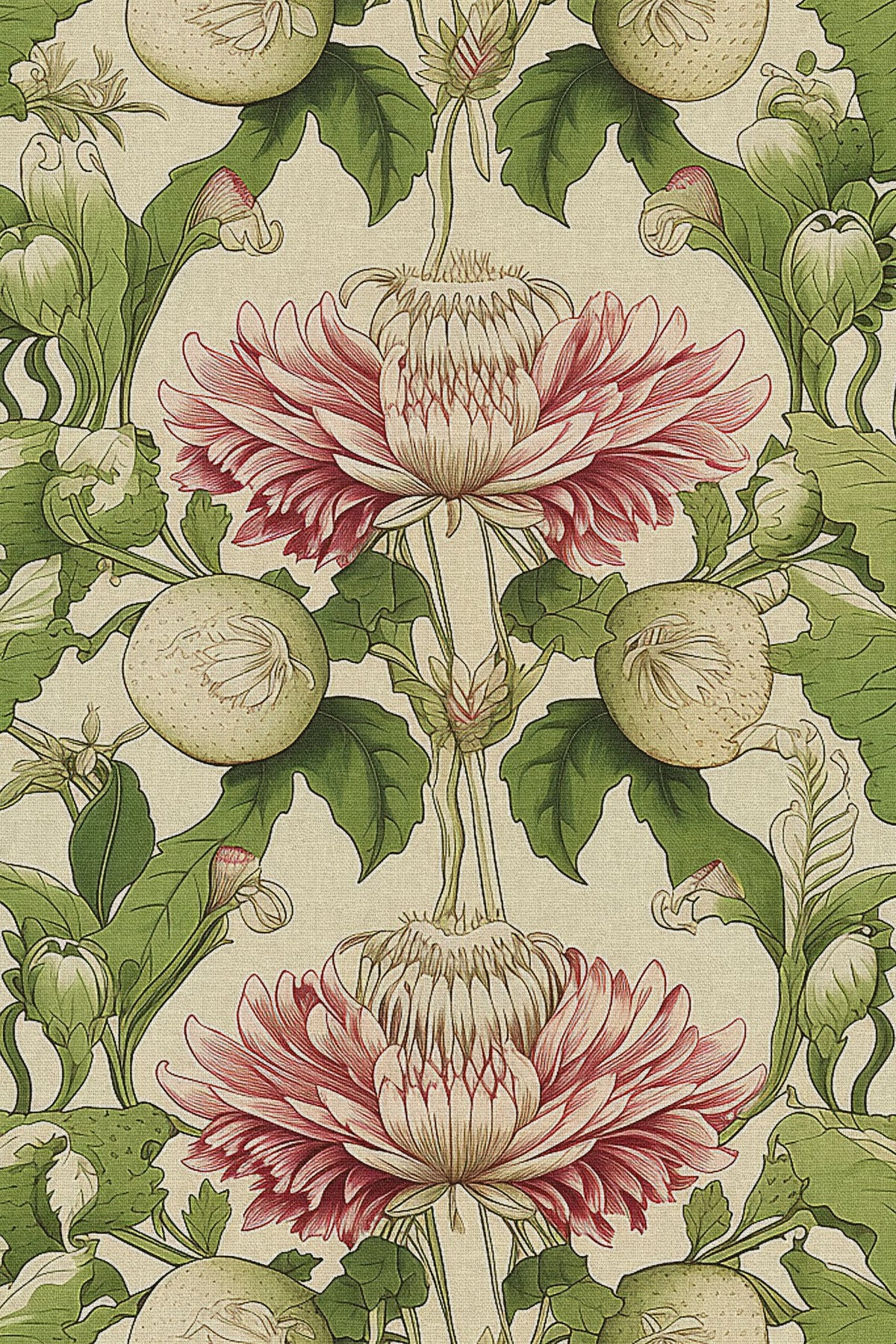 Close-up of the pink thistle arts and crafts pattern repeat