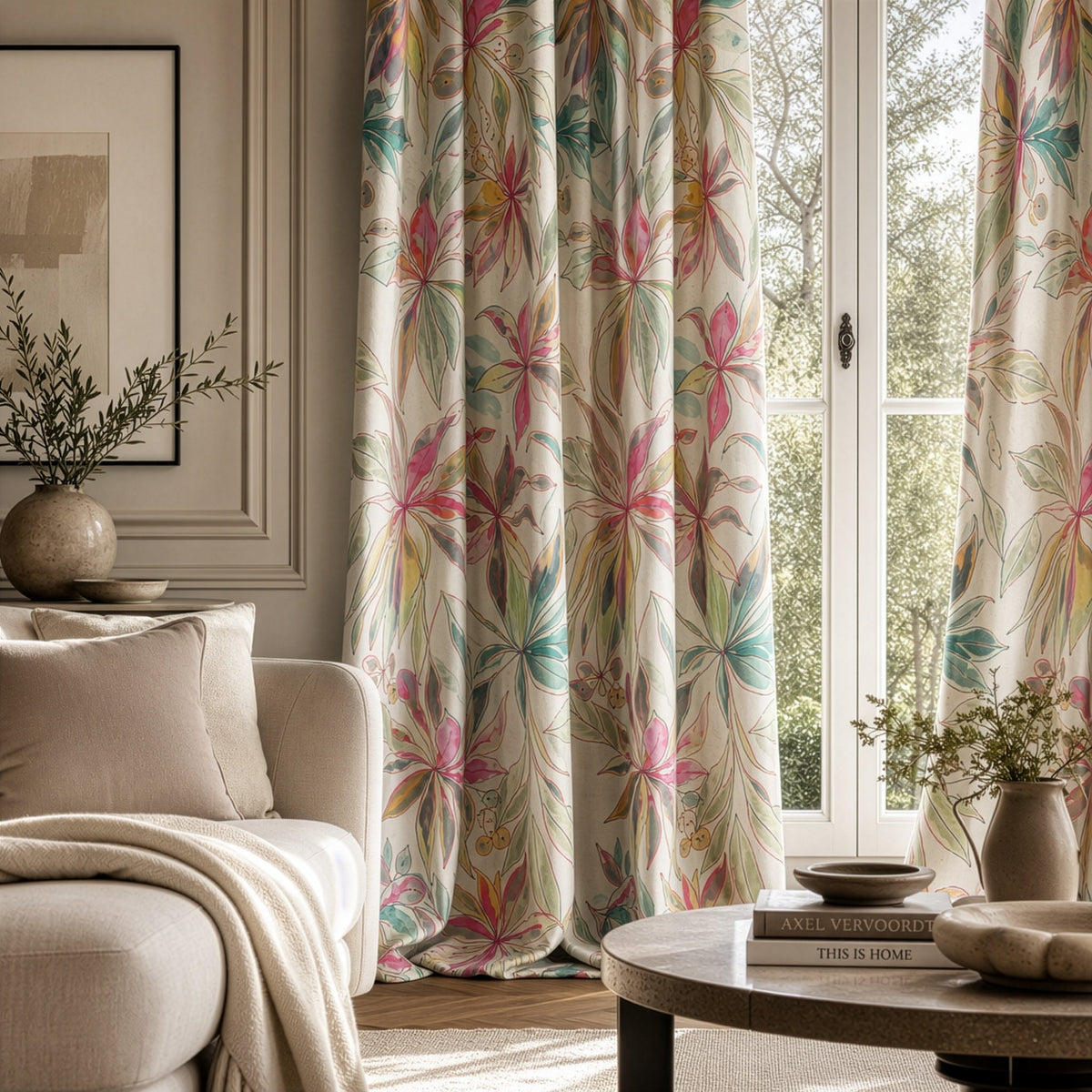 Pink tropical lily curtains in a living room