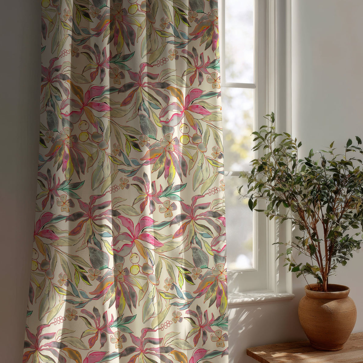 Pink tropical lily curtain beside a potted olive tree