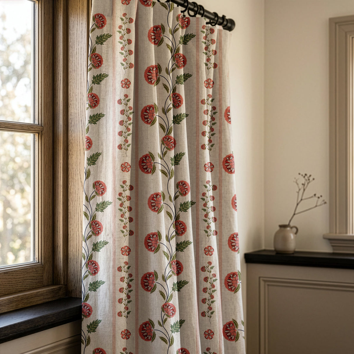 Pomegranate vine stripe curtains in a warm living room