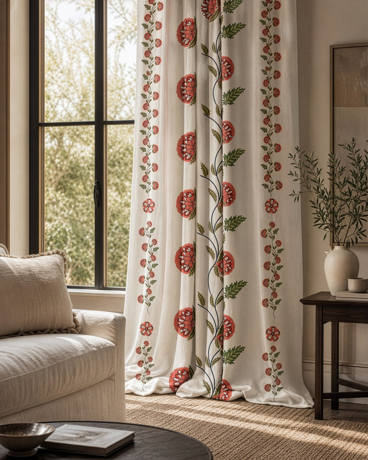 Pomegranate vine stripe curtains in a living room