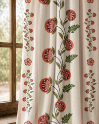 Pair of pomegranate vine stripe curtains at an arched window