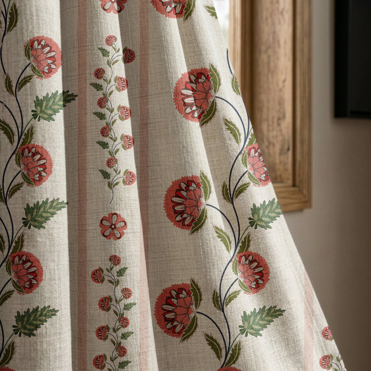 Pomegranate vine stripe curtain panel beside a rustic wooden window