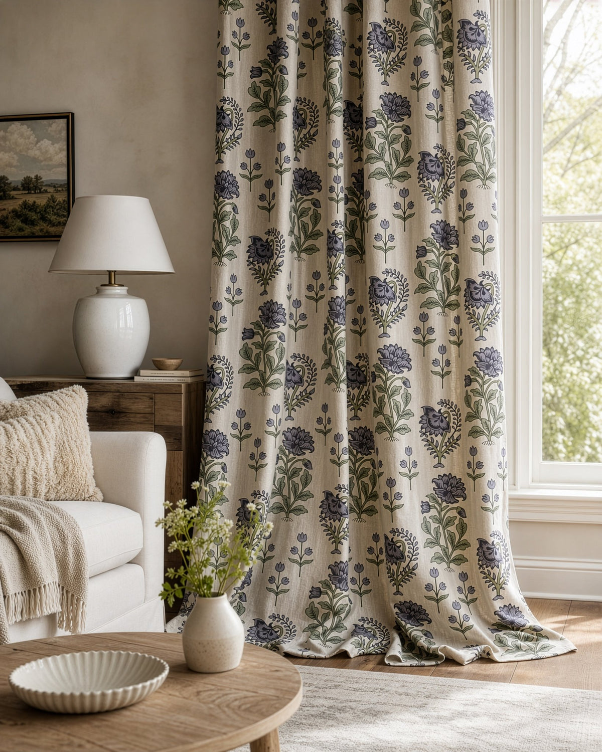 Purple block print floral curtains in a living room