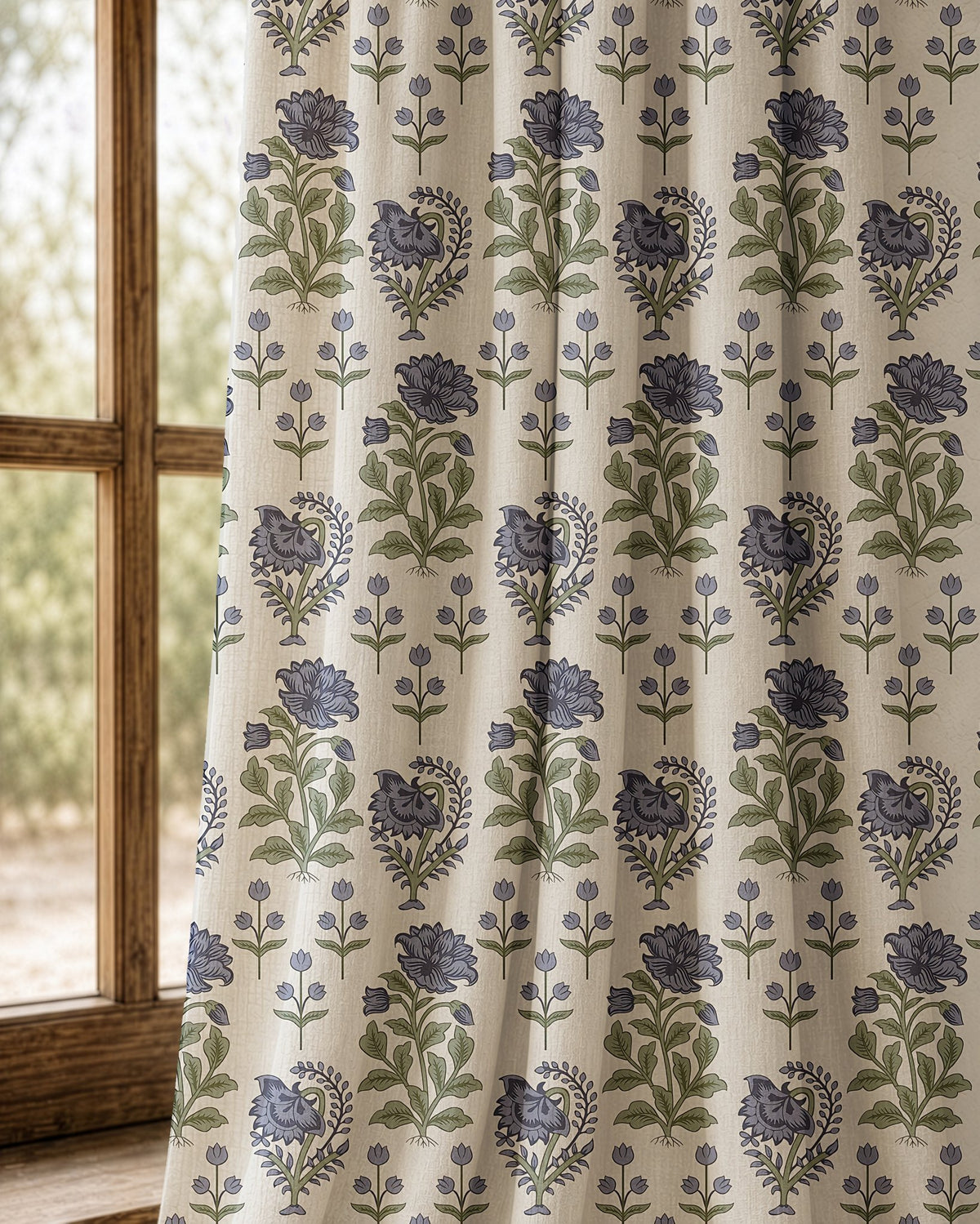 Pair of purple block print floral curtains at an arched window