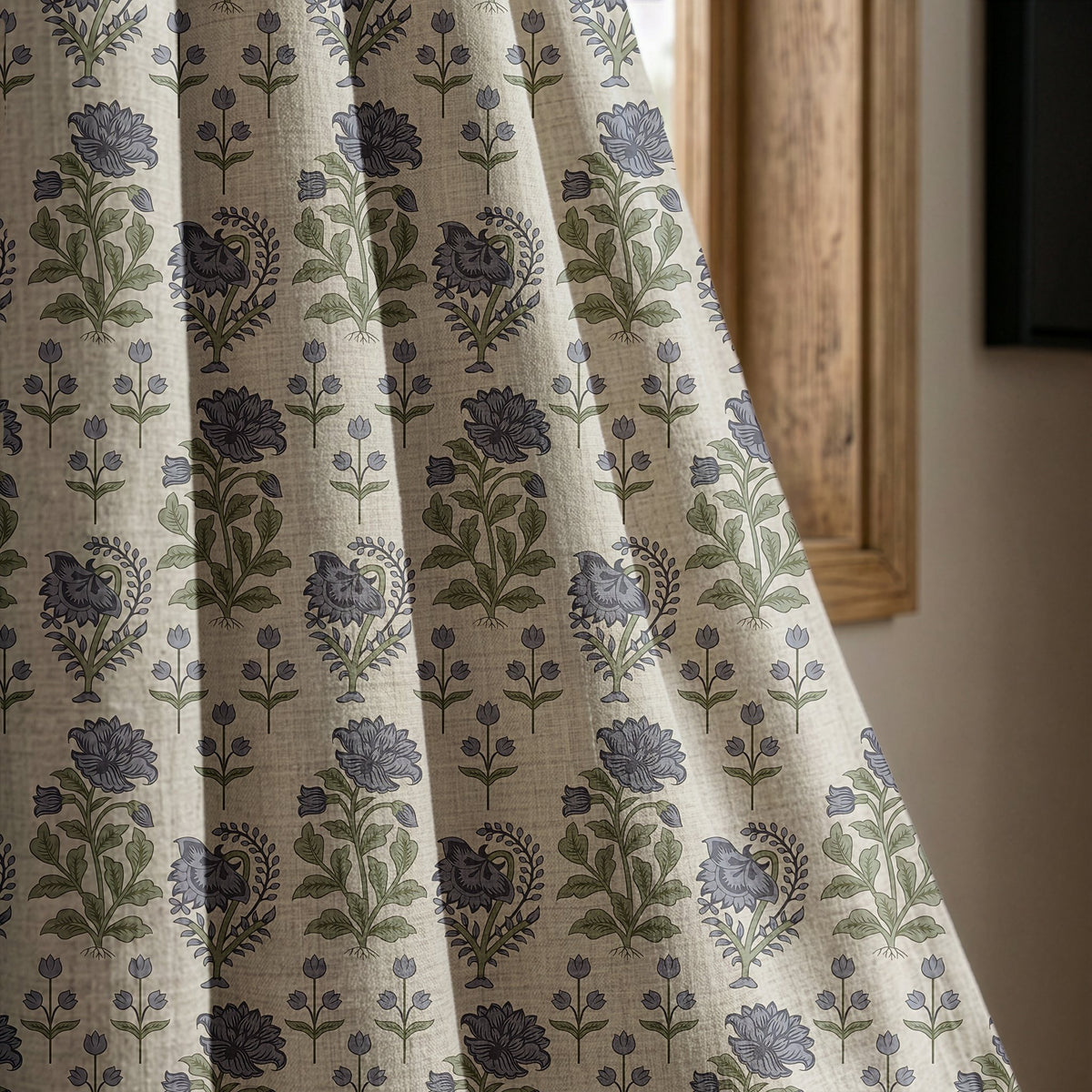 Purple block print floral curtain panel beside a rustic wooden window
