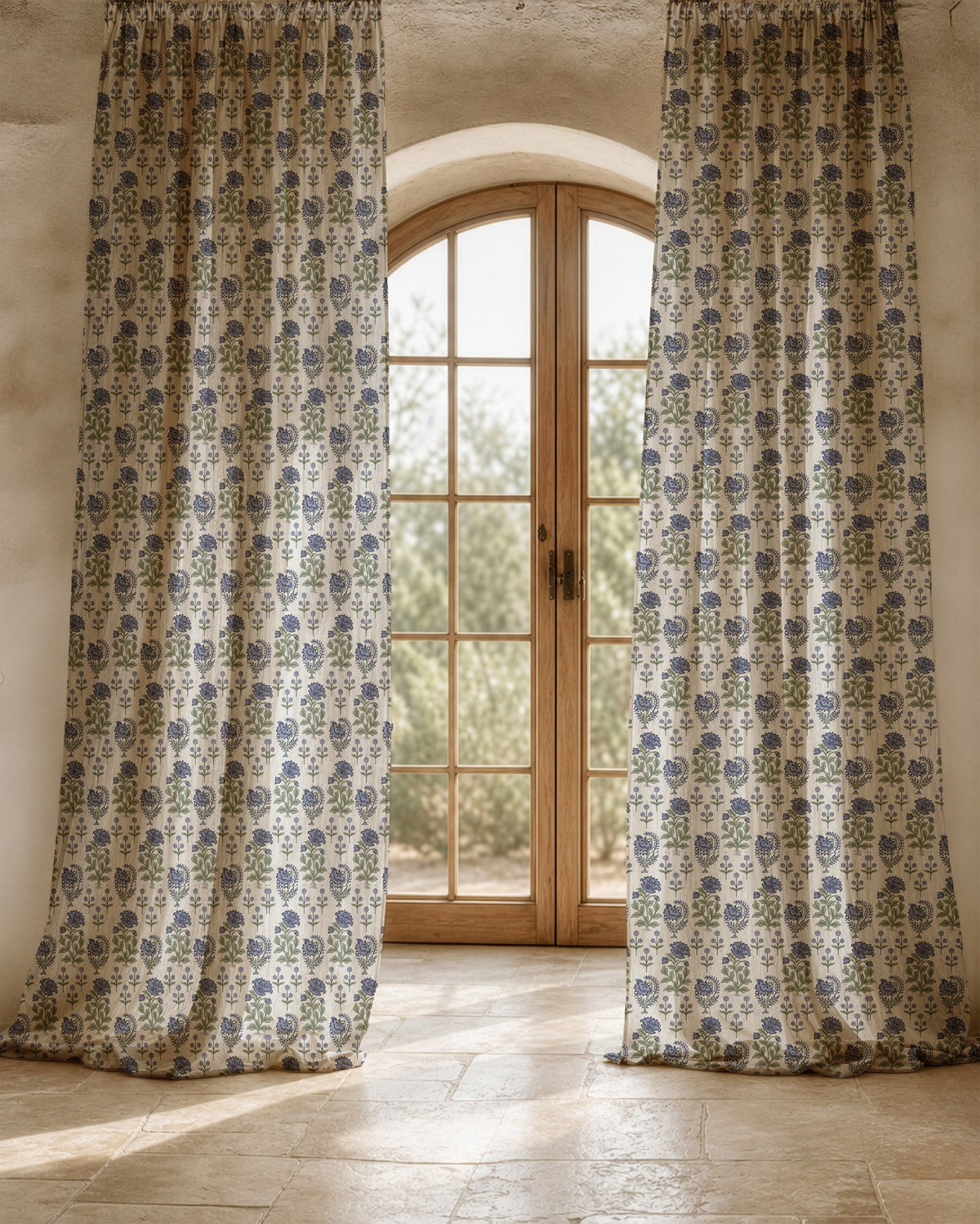 Two long purple block print floral curtain panels