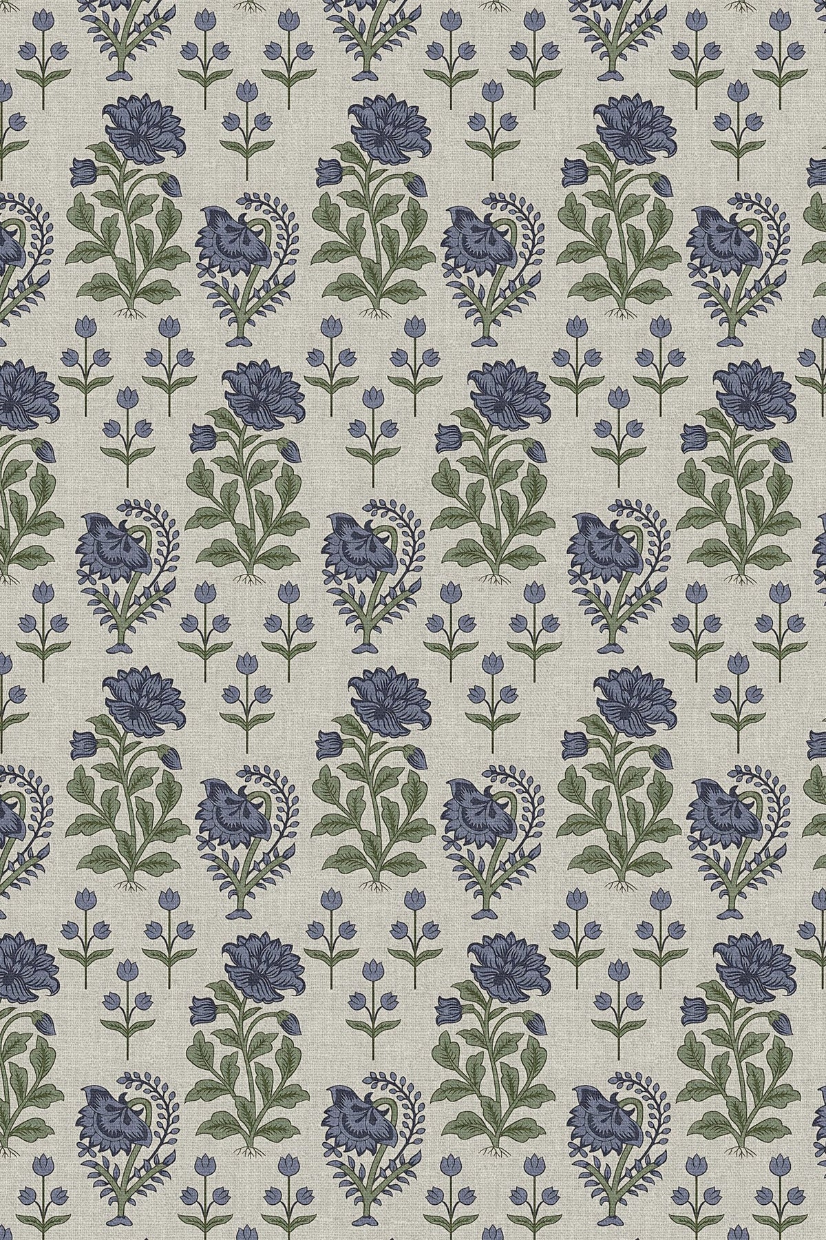 Close-up of the purple block print floral pattern repeat