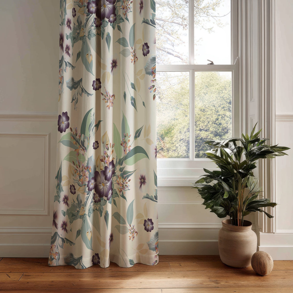 Purple clematis floral curtain panel hanging by a white window