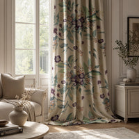 Purple clematis floral curtains in a living room