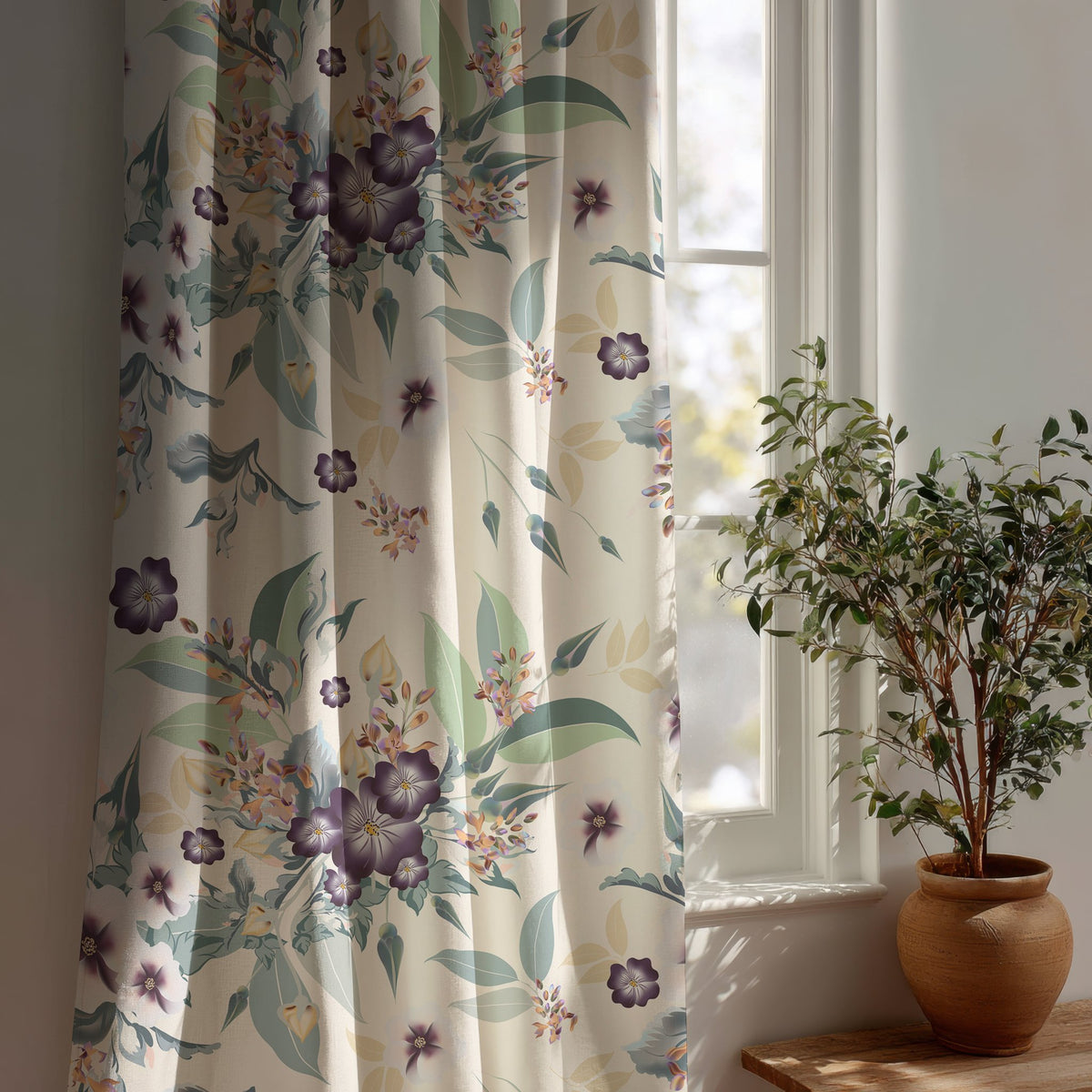 Purple clematis floral curtain beside a potted olive tree