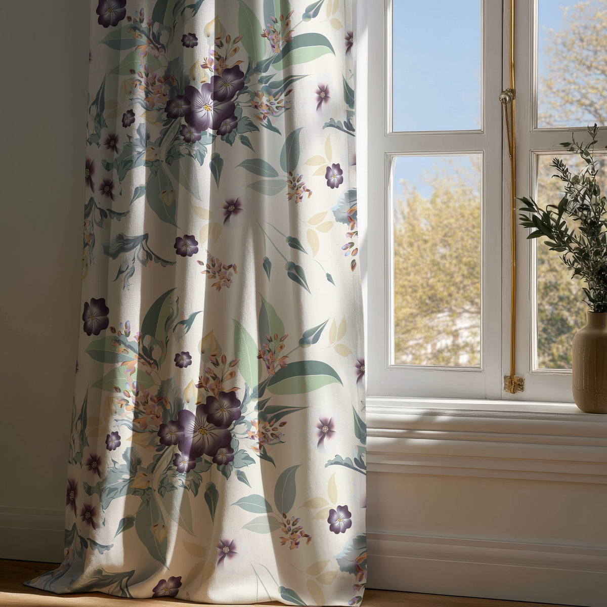 Full-length purple clematis floral curtain draping to a wooden floor