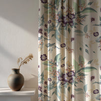 Soft daylight through a purple clematis floral curtain