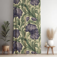 Purple iris william morris style curtain panel against a white wall