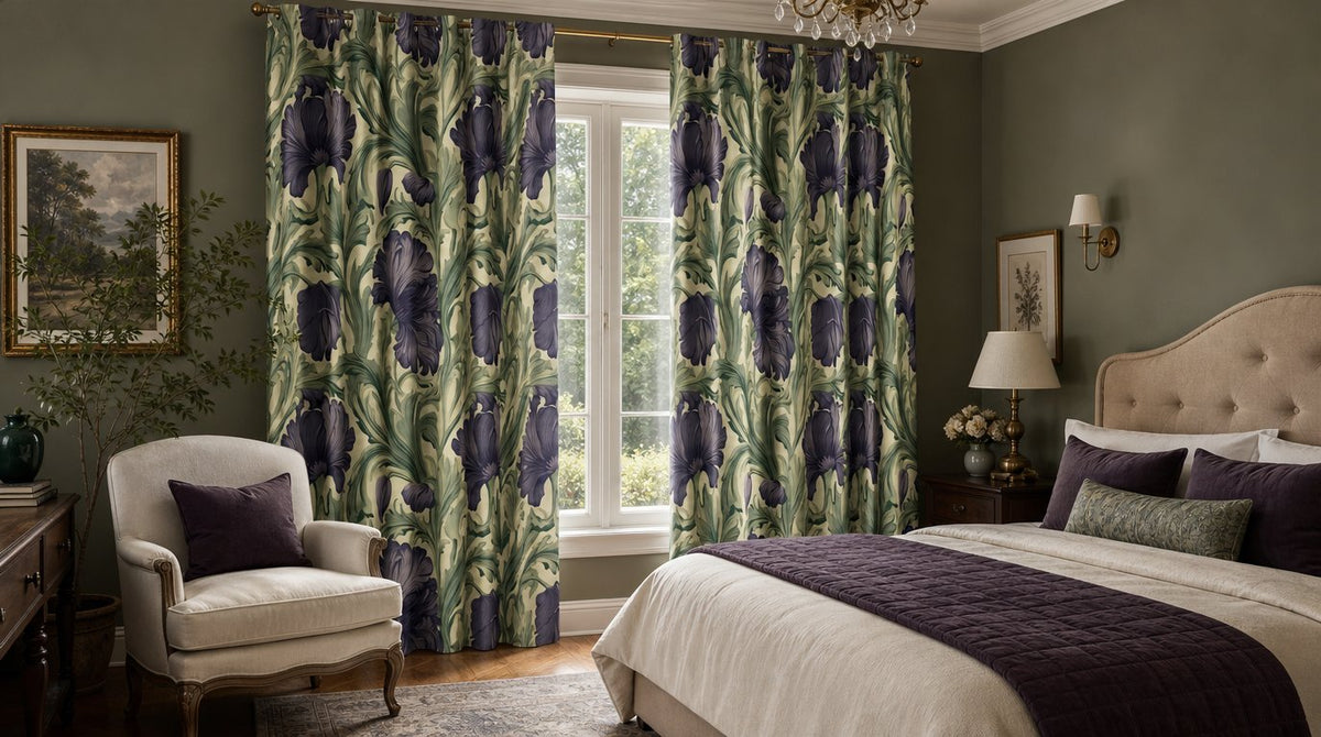 Purple iris william morris style curtains in a living room