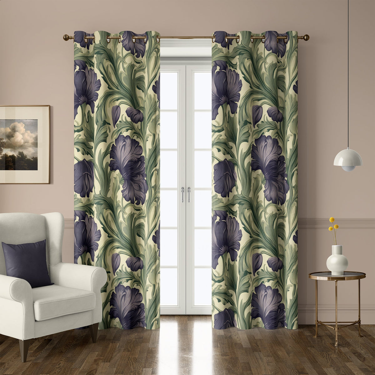 Pair of purple iris william morris style grommet curtains at French doors