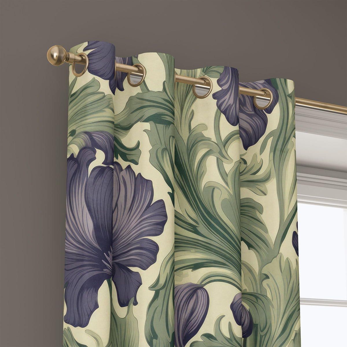 Grommet top of a purple iris william morris style curtain on a brass rod