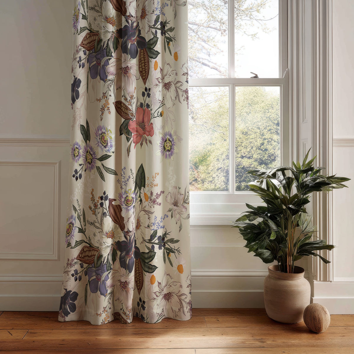 Purple jacobean floral curtain panel hanging by a white window