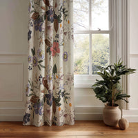 Purple jacobean floral curtain panel hanging by a white window