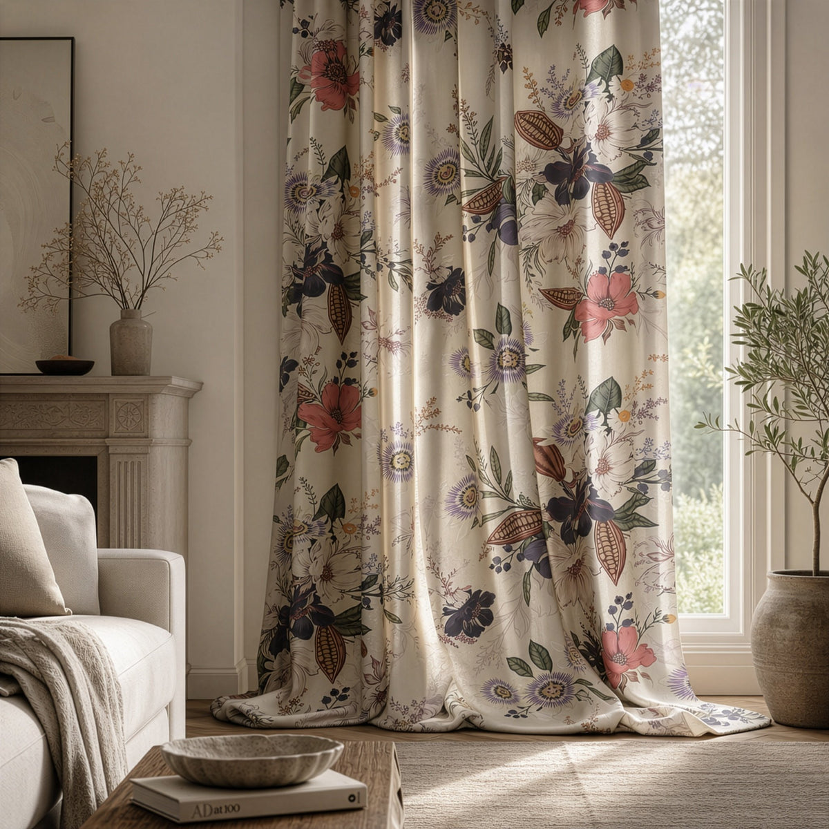 Purple jacobean floral curtains in a living room
