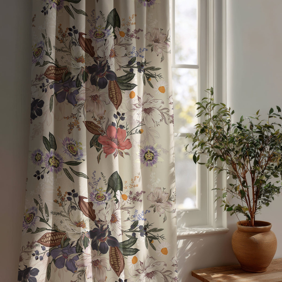 Purple jacobean floral curtain beside a potted olive tree