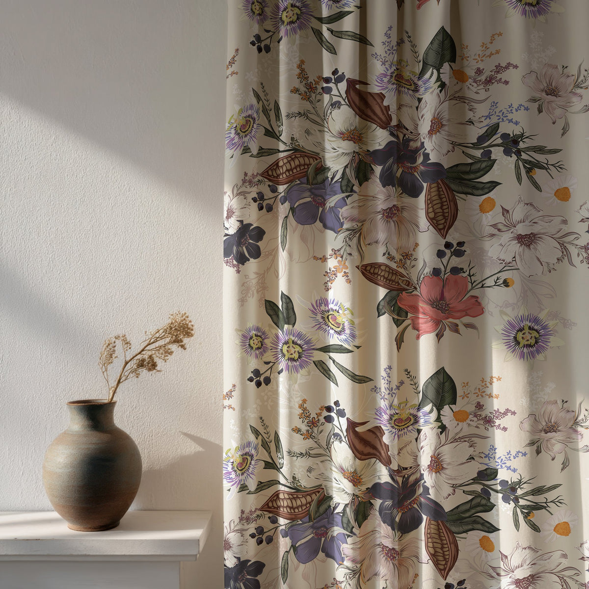 Soft daylight through a purple jacobean floral curtain