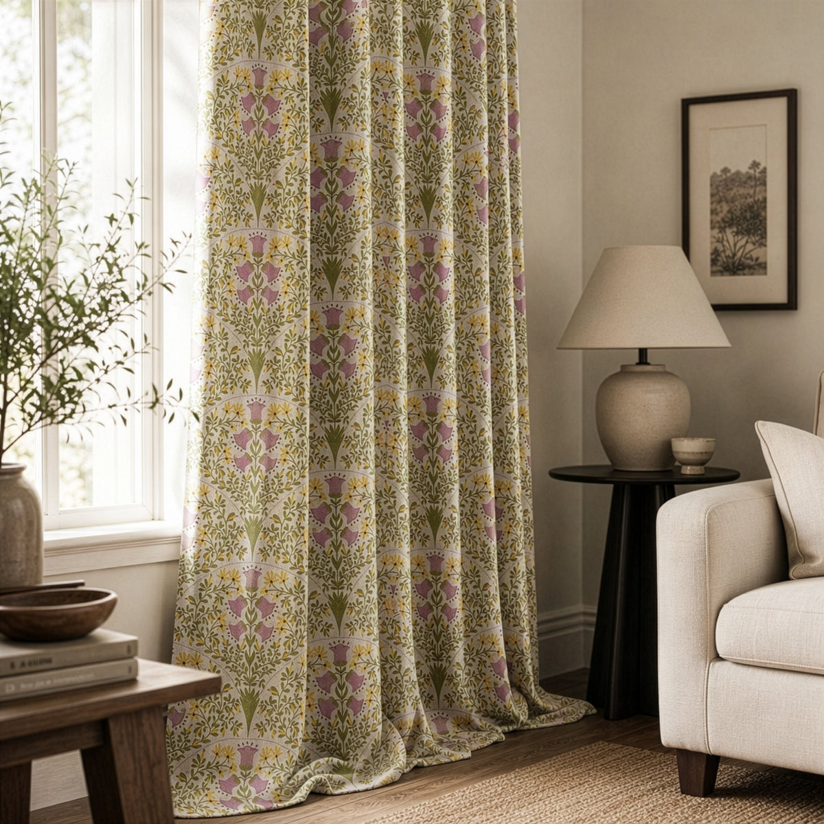 Purple thistle ditsy curtains in a living room