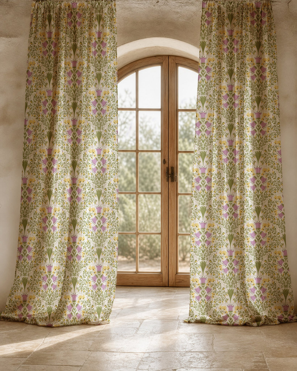 Two long purple thistle ditsy curtain panels