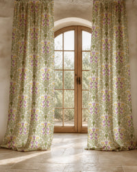 Two long purple thistle ditsy curtain panels
