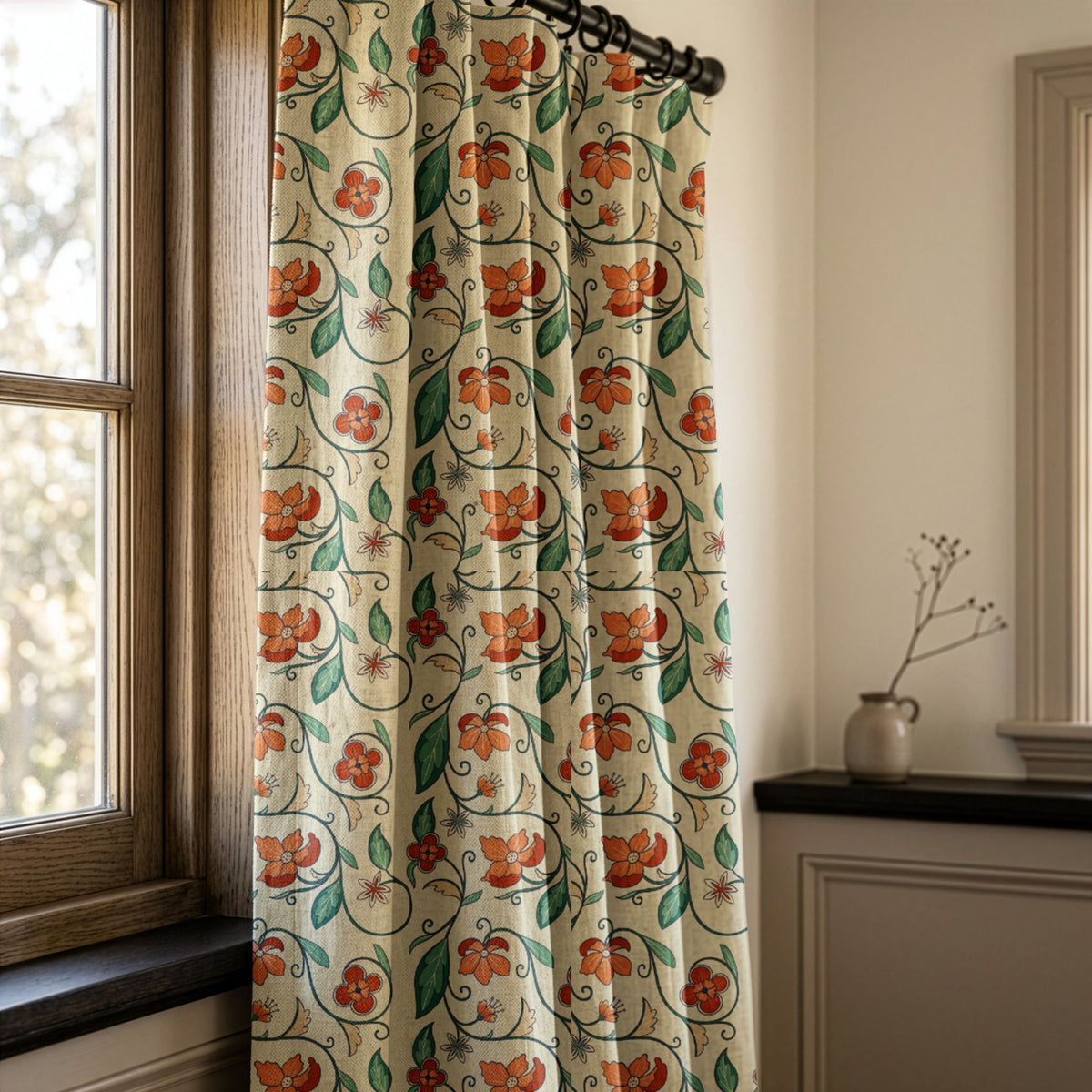 Red floral vine curtains in a warm living room