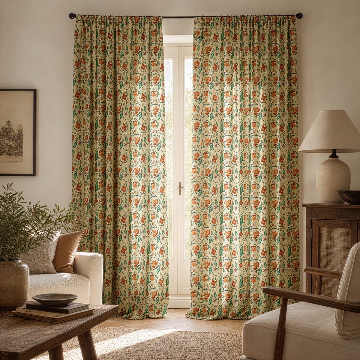Red floral vine curtains in a living room