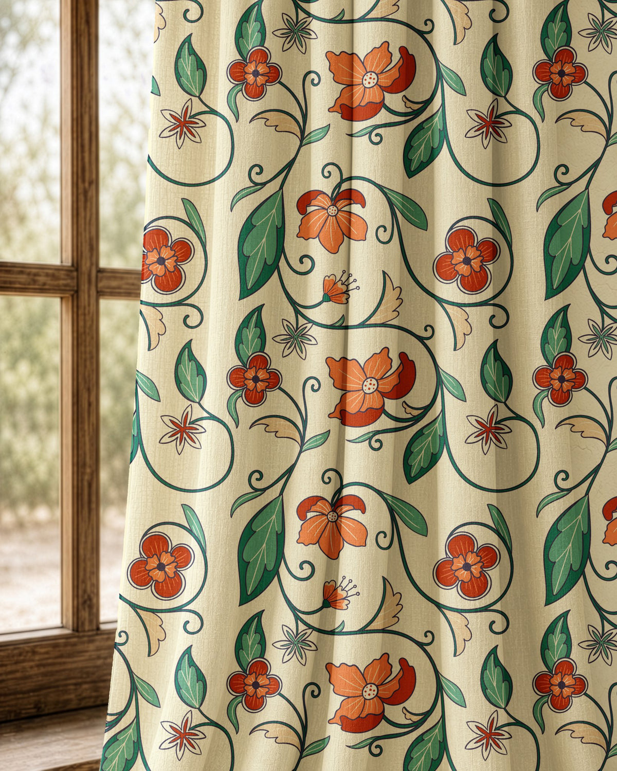 Pair of red floral vine curtains at an arched window