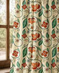 Pair of red floral vine curtains at an arched window