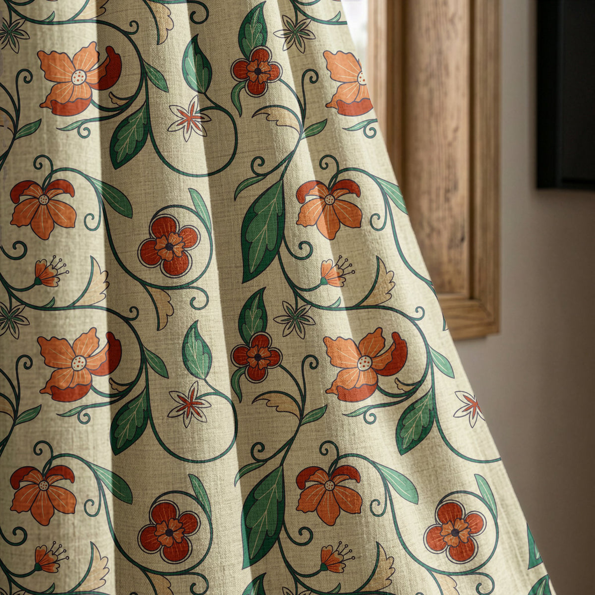 Red floral vine curtain panel beside a rustic wooden window