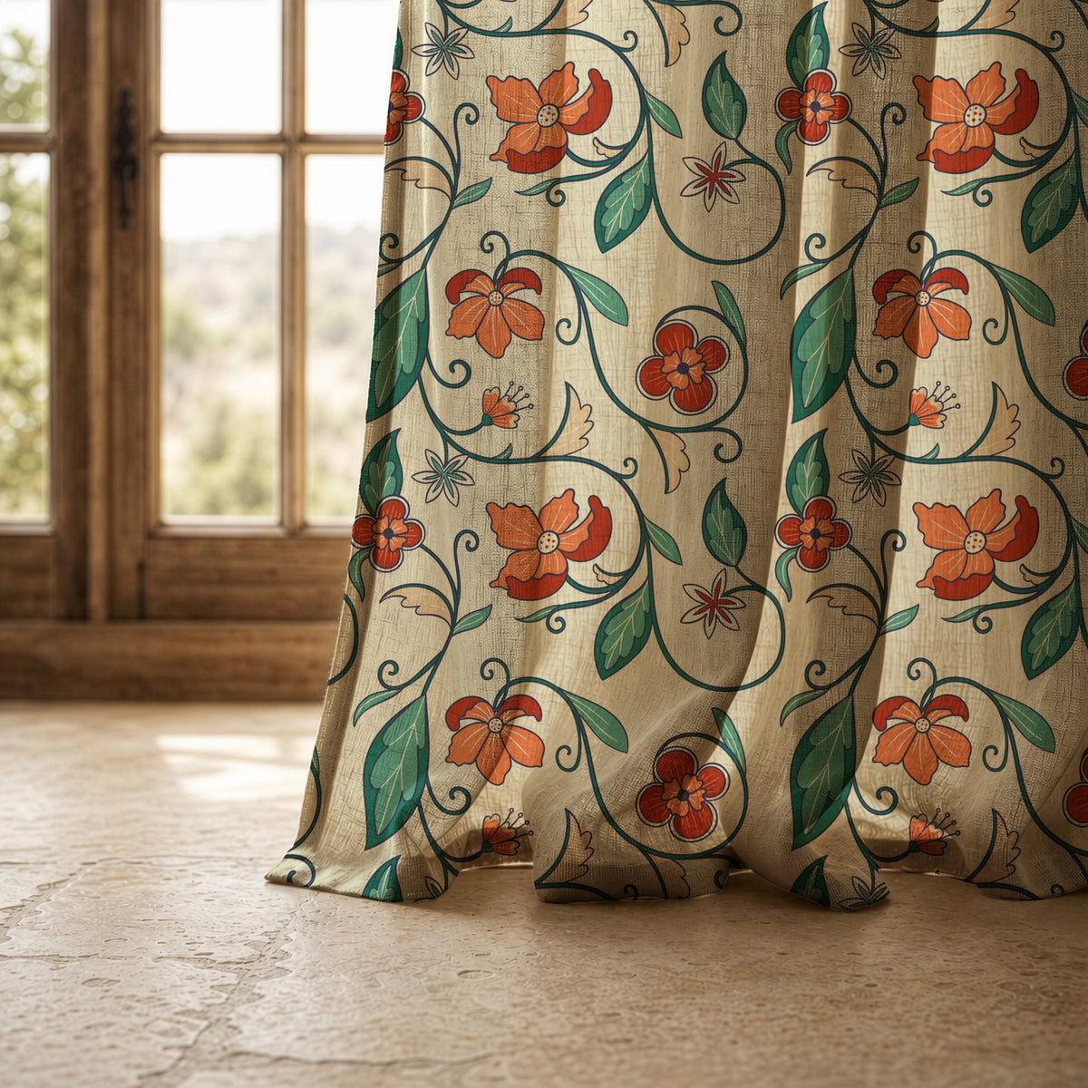 Hem of a red floral vine curtain resting on a stone floor