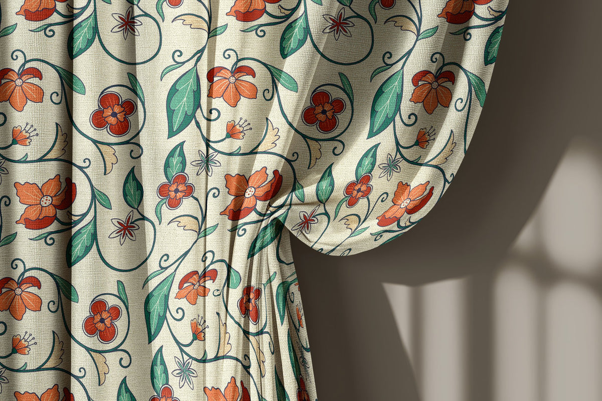 Red floral vine curtain gathered to one side