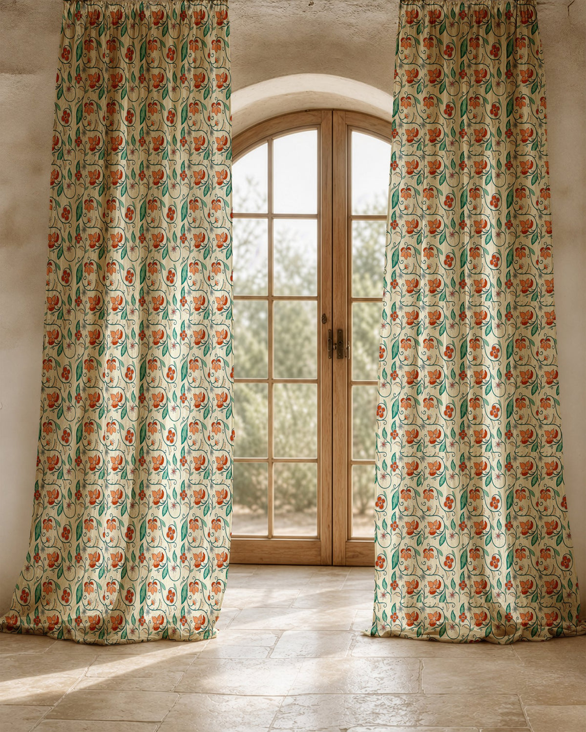 Close-up of the red floral vine print