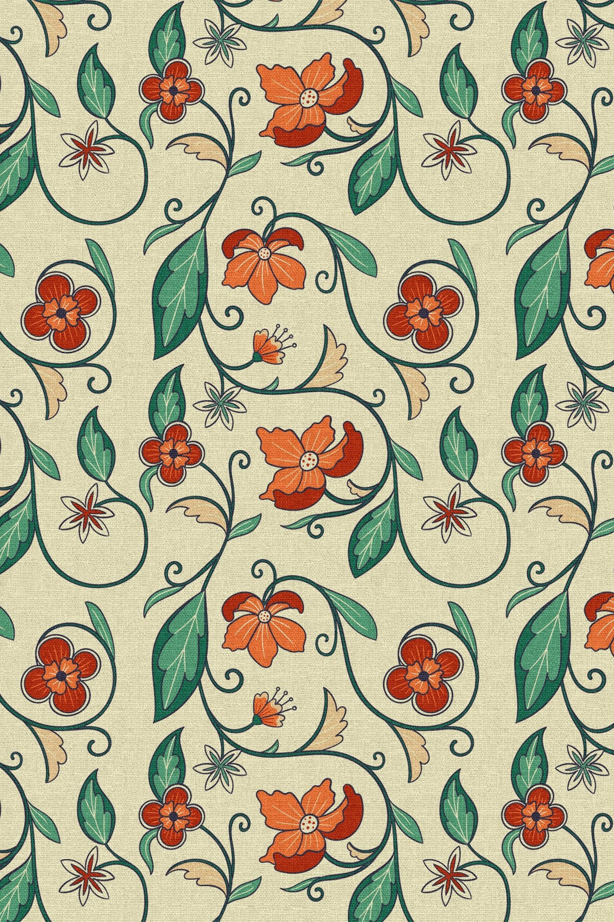 Close-up of the red floral vine pattern repeat