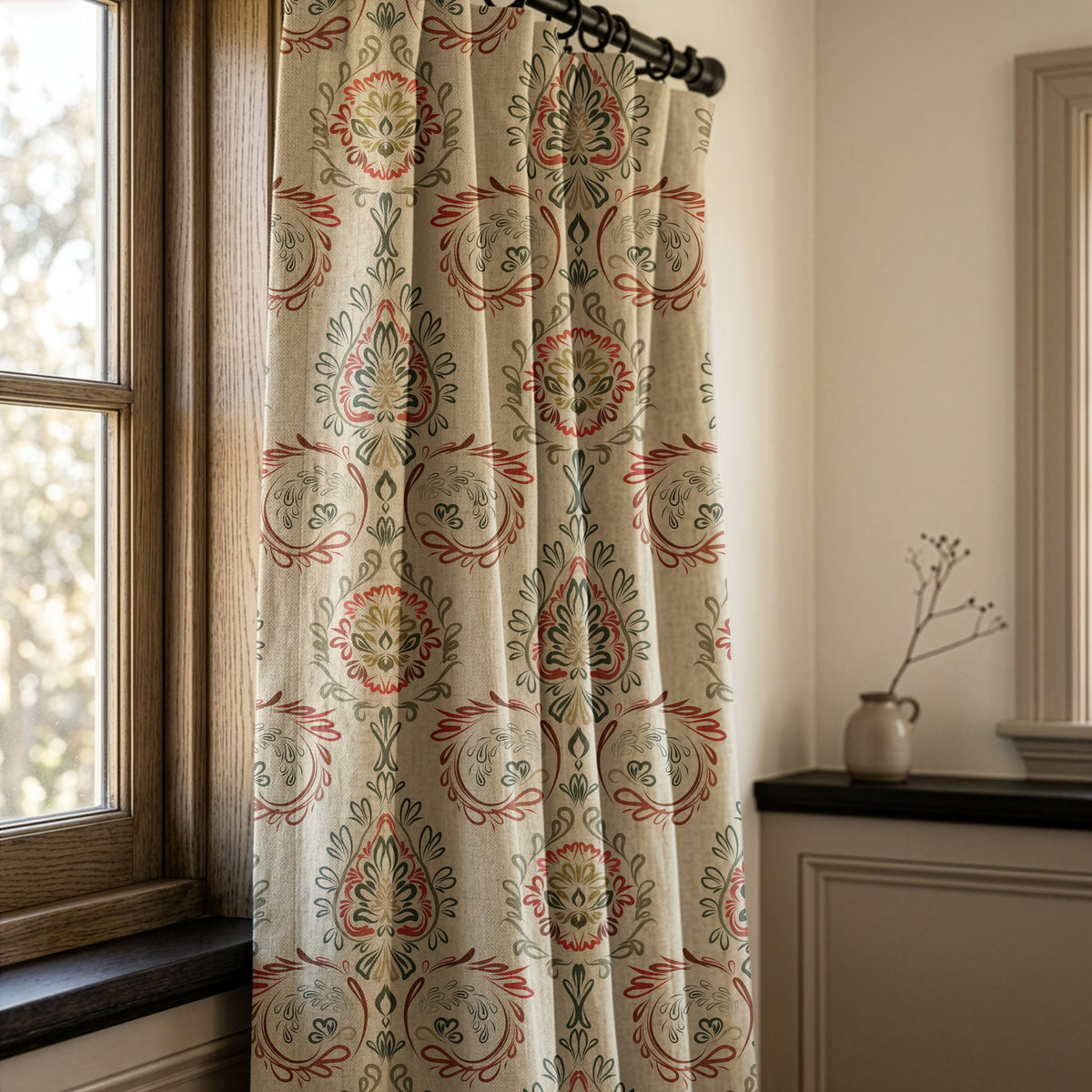Red and green folk damask curtains in a warm living room