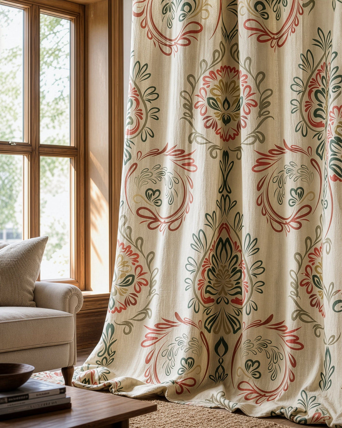 Red and green folk damask curtains in a living room