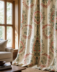 Red and green folk damask curtains in a living room