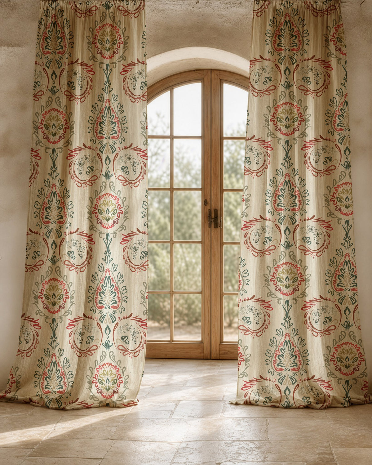 Two long red and green folk damask curtain panels