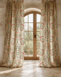 Two long red and green folk damask curtain panels