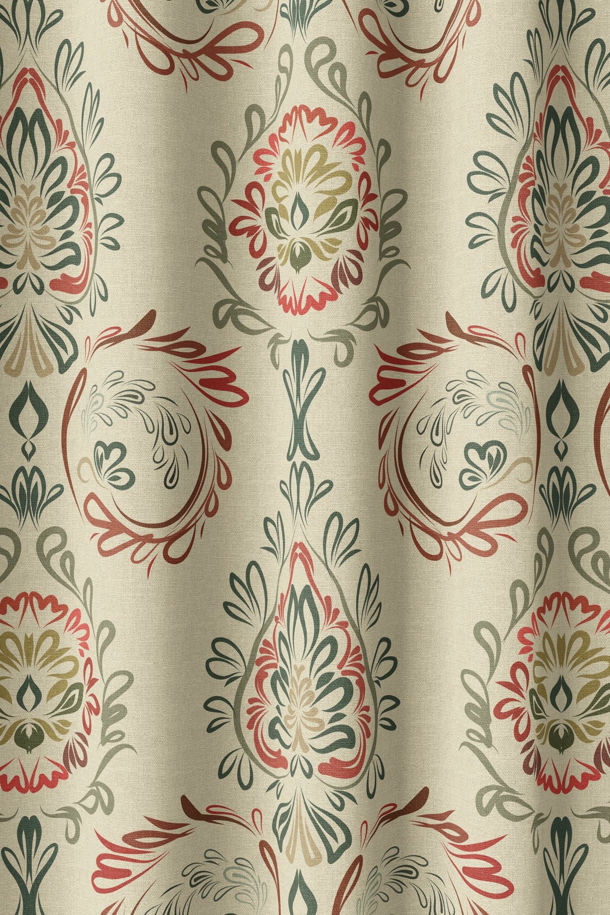 Flat view of the red and green folk damask print