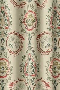 Flat view of the red and green folk damask print