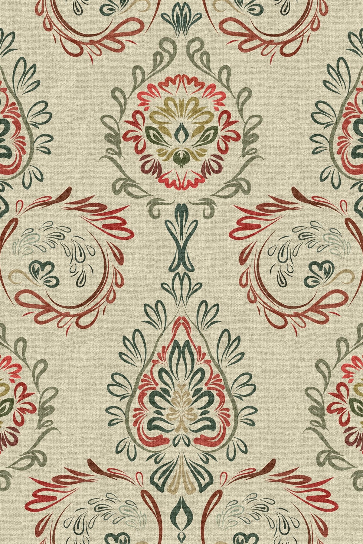 Close-up of the red and green folk damask pattern repeat