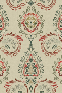 Close-up of the red and green folk damask pattern repeat
